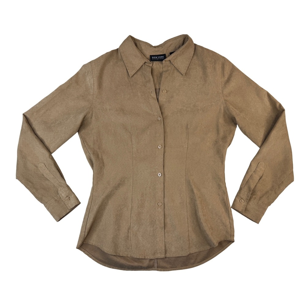 VTG NY‎ & Co Faux Suede Button Down Women M Tan Shirt Western Punchy Rodeo Y2K
